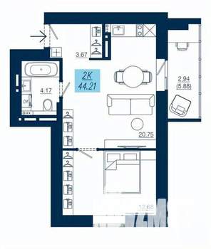1-к квартира, строящийся дом, 44м2, 15/19 этаж