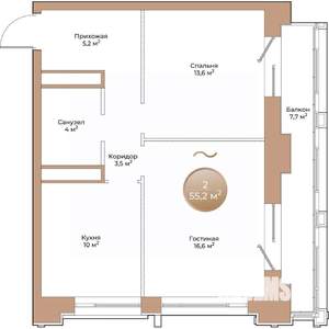 2-к квартира, строящийся дом, 55м2, 10/24 этаж