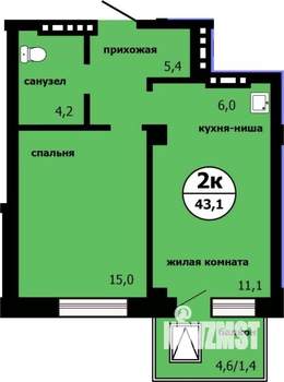 2-к квартира, строящийся дом, 42м2, 15/19 этаж