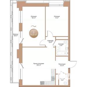 2-к квартира, строящийся дом, 75м2, 2/24 этаж