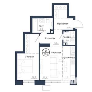 2-к квартира, строящийся дом, 55м2, 9/23 этаж