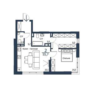 2-к квартира, строящийся дом, 56м2, 20/23 этаж