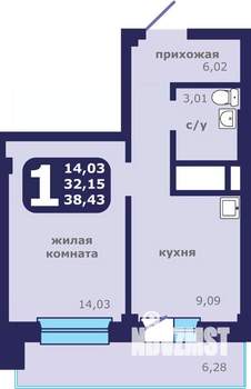 1-к квартира, вторичка, 38м2, 19/25 этаж