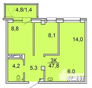 3-к квартира, строящийся дом, 47м2, 8/24 этаж