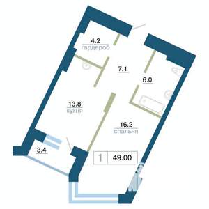 1-к квартира, строящийся дом, 49м2, 3/24 этаж