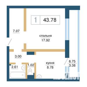 1-к квартира, строящийся дом, 44м2, 2/17 этаж