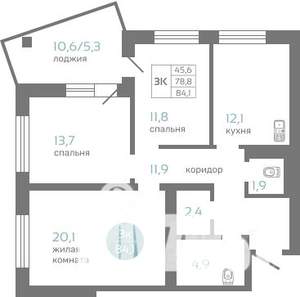 3-к квартира, строящийся дом, 84м2, 12/19 этаж