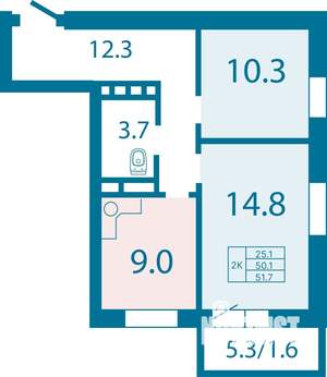 2-к квартира, строящийся дом, 52м2, 18/25 этаж
