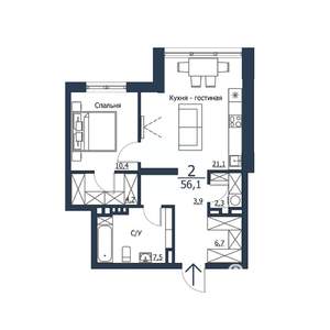 2-к квартира, строящийся дом, 56м2, 17/23 этаж