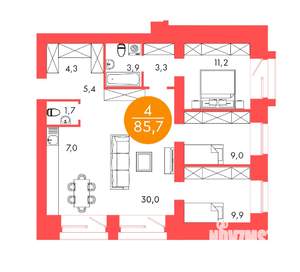 4-к квартира, строящийся дом, 86м2, 12/17 этаж