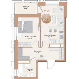1-к квартира, строящийся дом, 45м2, 11/24 этаж