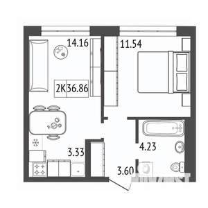 2-к квартира, строящийся дом, 37м2, 15/17 этаж