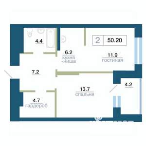 2-к квартира, строящийся дом, 50м2, 20/24 этаж