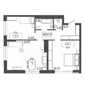 3-к квартира, строящийся дом, 63м2, 4/17 этаж