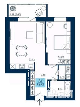 2-к квартира, строящийся дом, 55м2, 16/19 этаж