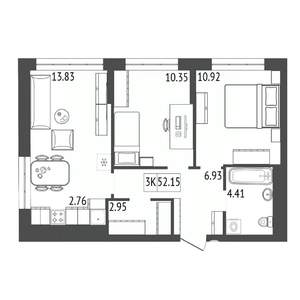 3-к квартира, строящийся дом, 52м2, 10/17 этаж