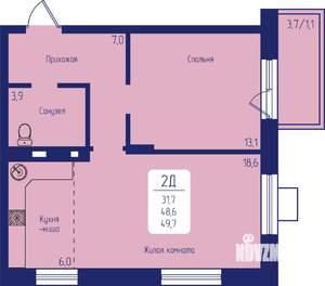 2-к квартира, строящийся дом, 50м2, 12/12 этаж