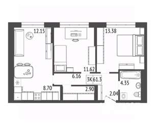 3-к квартира, вторичка, 61м2, 15/17 этаж