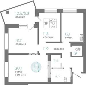3-к квартира, строящийся дом, 84м2, 16/19 этаж