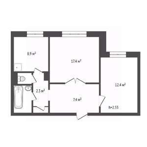 2-к квартира, вторичка, 53м2, 1/9 этаж