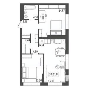 3-к квартира, вторичка, 62м2, 10/17 этаж