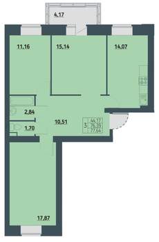 3-к квартира, строящийся дом, 78м2, 2/9 этаж