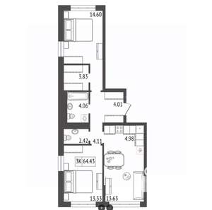 3-к квартира, вторичка, 65м2, 16/17 этаж