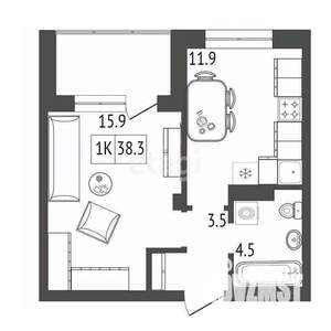 1-к квартира, вторичка, 38м2, 14/19 этаж