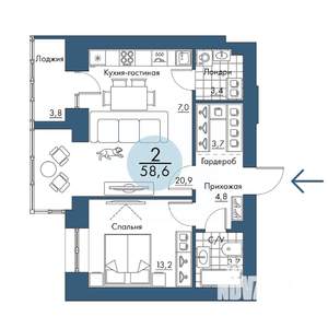 2-к квартира, строящийся дом, 59м2, 10/17 этаж