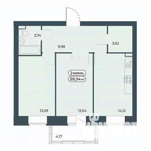 2-к квартира, строящийся дом, 59м2, 2/9 этаж