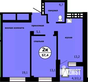 2-к квартира, сданный дом, 57м2, 18/19 этаж