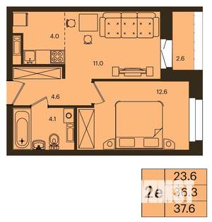 2-к квартира, строящийся дом, 38м2, 15/16 этаж