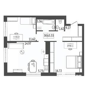 3-к квартира, строящийся дом, 63м2, 17/17 этаж
