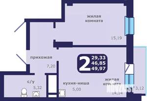 2-к квартира, строящийся дом, 50м2, 24/25 этаж