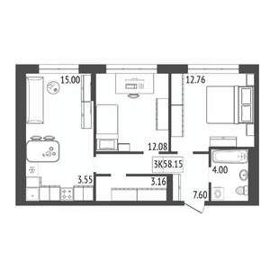 3-к квартира, строящийся дом, 58м2, 2/17 этаж