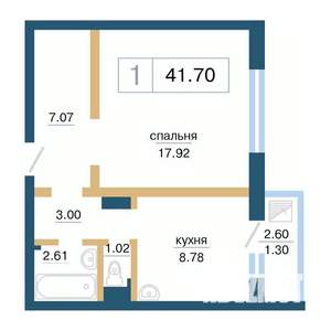 1-к квартира, строящийся дом, 42м2, 8/17 этаж