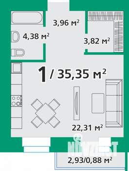 1-к квартира, строящийся дом, 35м2, 4/8 этаж