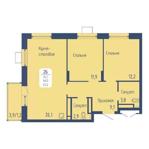 2-к квартира, вторичка, 67м2, 6/15 этаж