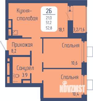 2-к квартира, строящийся дом, 53м2, 18/21 этаж