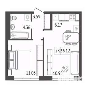 2-к квартира, строящийся дом, 36м2, 2/17 этаж