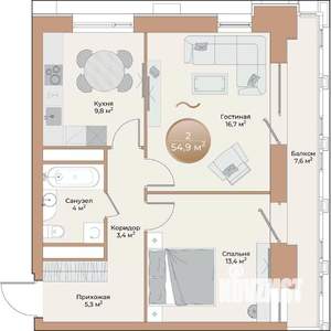 2-к квартира, вторичка, 55м2, 9/24 этаж