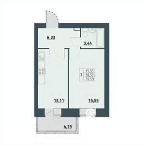 1-к квартира, строящийся дом, 40м2, 6/9 этаж