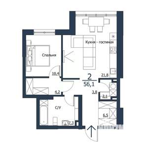 2-к квартира, строящийся дом, 56м2, 2/23 этаж