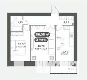 2-к квартира, вторичка, 58м2, 9/15 этаж
