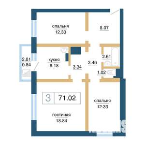 3-к квартира, строящийся дом, 71м2, 15/17 этаж