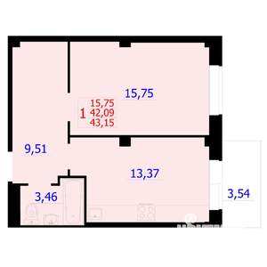 1-к квартира, вторичка, 43м2, 9/9 этаж