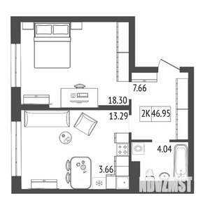 2-к квартира, строящийся дом, 47м2, 2/17 этаж