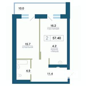 2-к квартира, строящийся дом, 57м2, 19/24 этаж