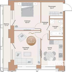 2-к квартира, строящийся дом, 55м2, 10/24 этаж