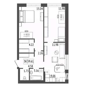 3-к квартира, строящийся дом, 60м2, 17/17 этаж